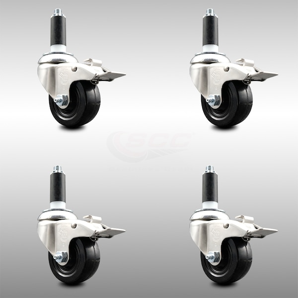 3 Inch 316SS Hard Rubber Wheel Swivel 1 Inch Stem Caster Set Lock Brake SCC